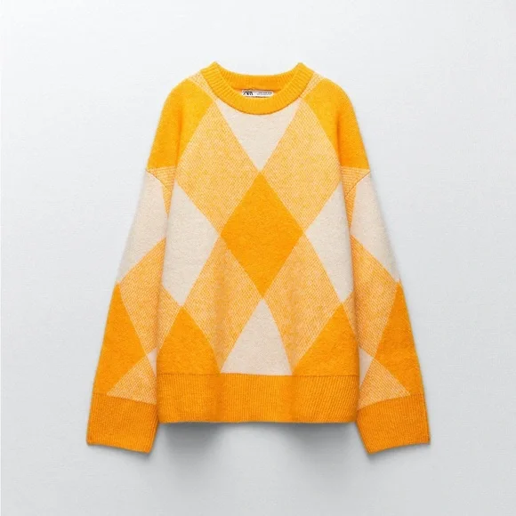 Zara Sweaters Orange Argyle Knit Sweater Zara Poshmark